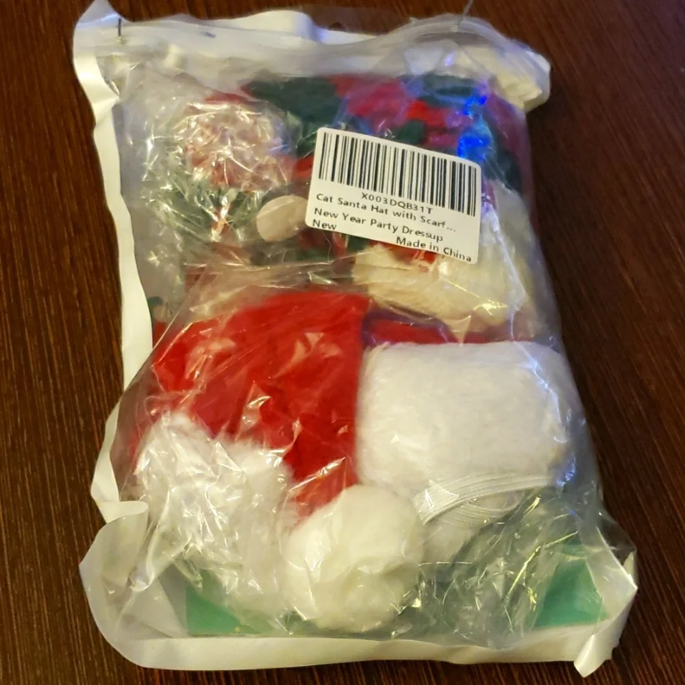Cat Santa Hat with Red and Green Striped Scarf with a Pom Pom Size S
